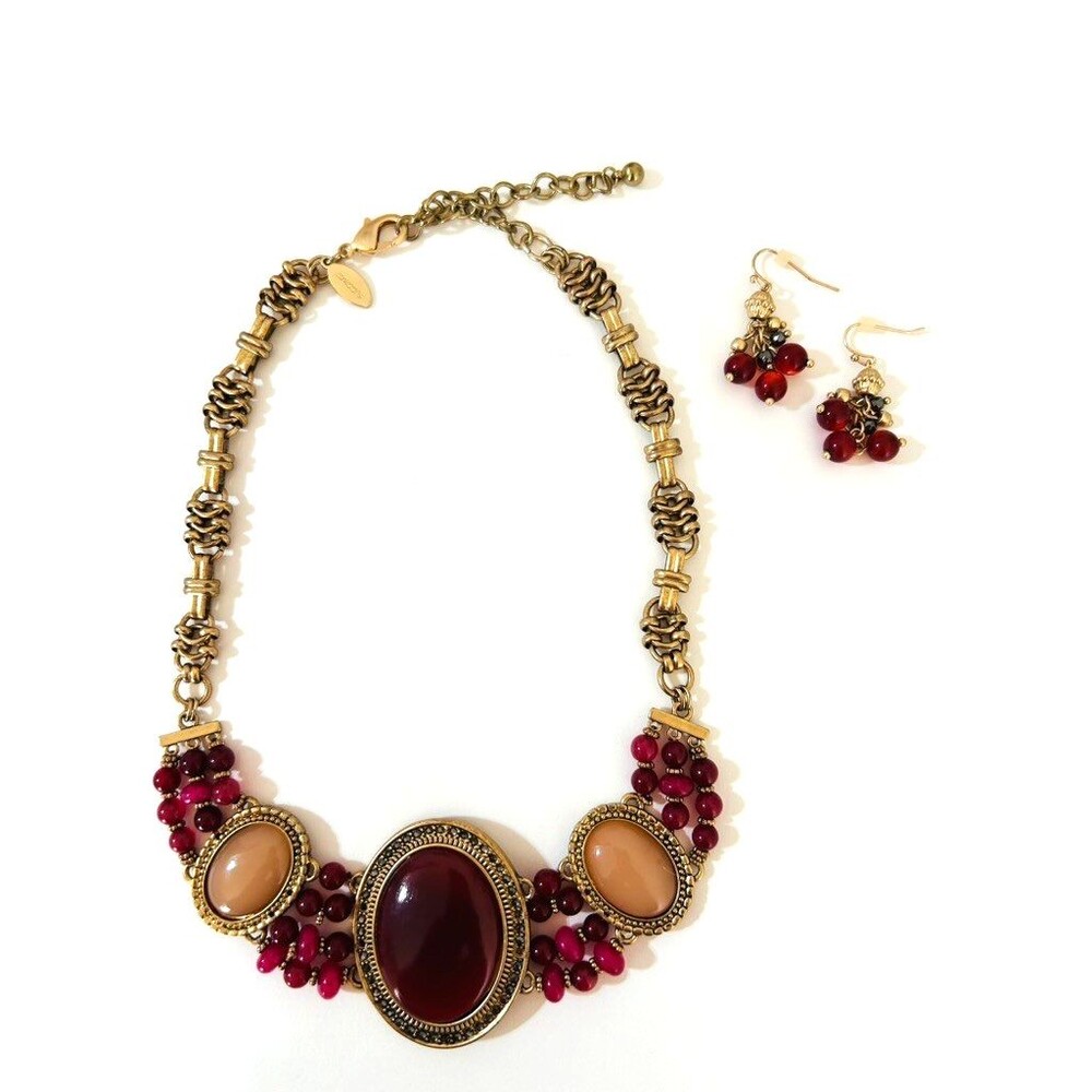 Chico's Statement Necklace Earring Set Gold Tone Beaded Cabochon Costume Jewelry - Picture 5 of 5